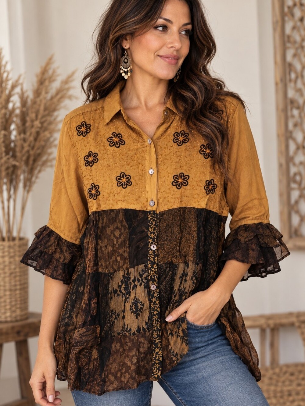 542.Youmg Threads Boho Floral Patchwork Button-Front Shirt - Mustard Brown
